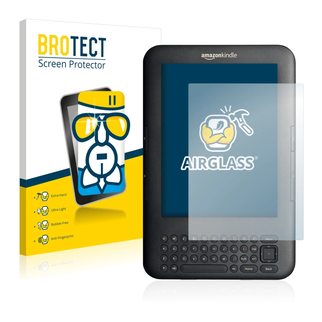 Face avant d’un emballage produit avec le logo de la marque BROTECT. À côté, l’appareil Amazon Kindle 3 est représenté avec la
