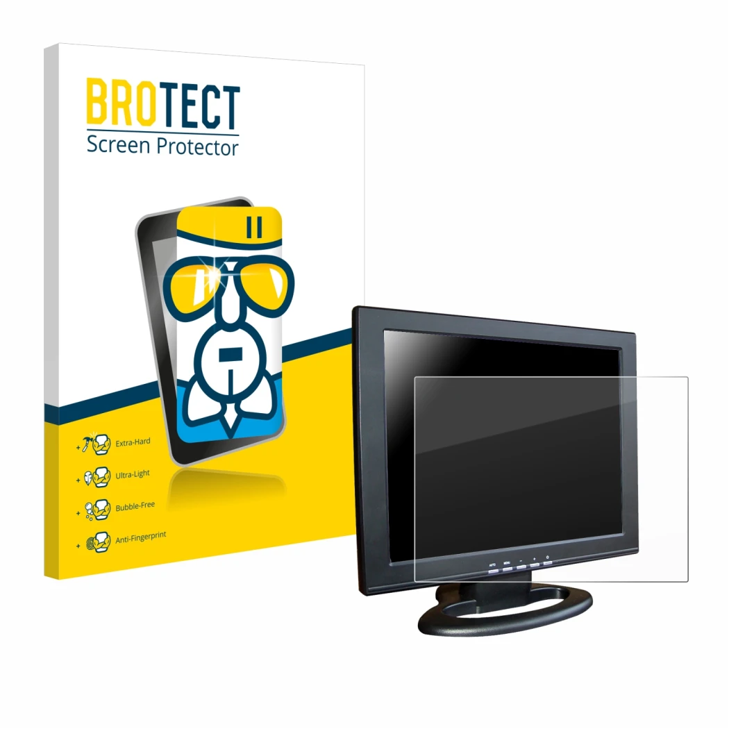 Face avant d’un emballage produit avec le logo de la marque BROTECT. À côté, l’appareil SDC Touchscreen TFT (15