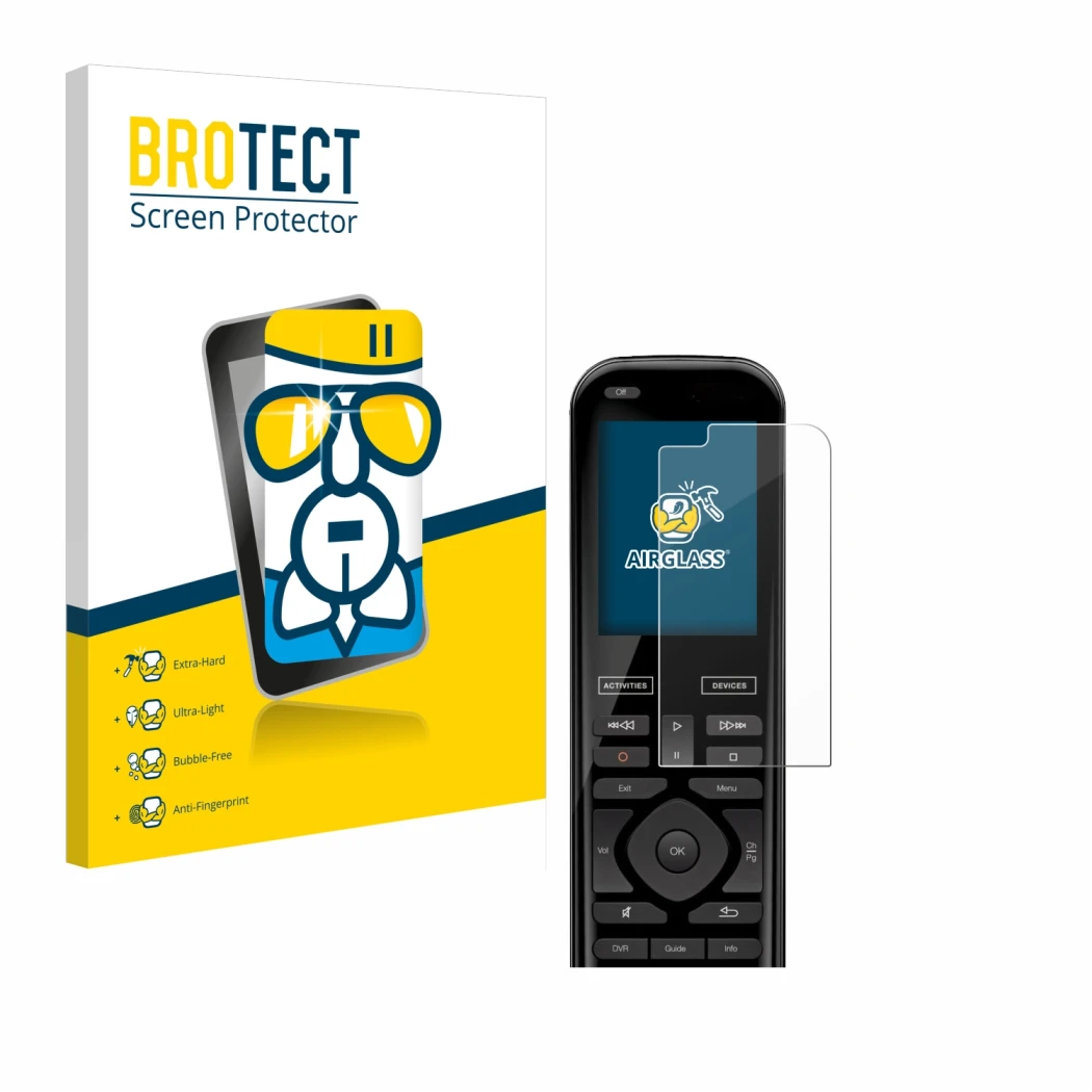 Face avant d’un emballage produit avec le logo de la marque BROTECT. À côté, l’appareil Logitech Harmony 950 est représenté av