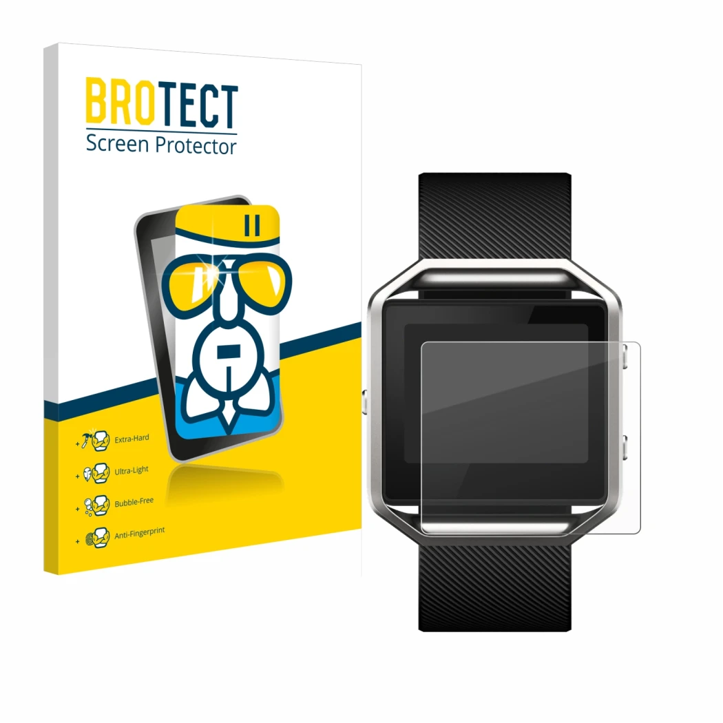 Face avant d’un emballage produit avec le logo de la marque BROTECT. À côté, l’appareil Fitbit Blaze est représenté avec la pr