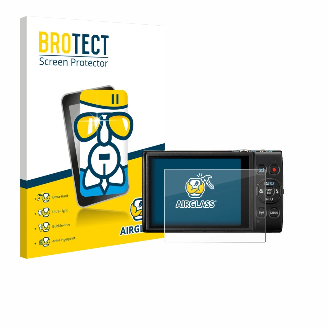 Face avant d’un emballage produit avec le logo de la marque BROTECT. À côté, l’appareil Canon Digital Ixus 285 hs est représen