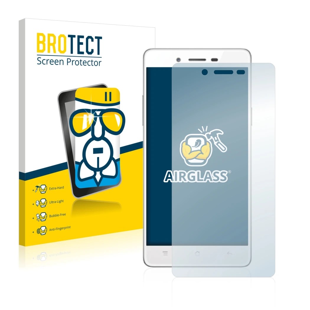 Face avant d’un emballage produit avec le logo de la marque BROTECT. À côté, l’appareil Oppo A51 est représenté avec la protec