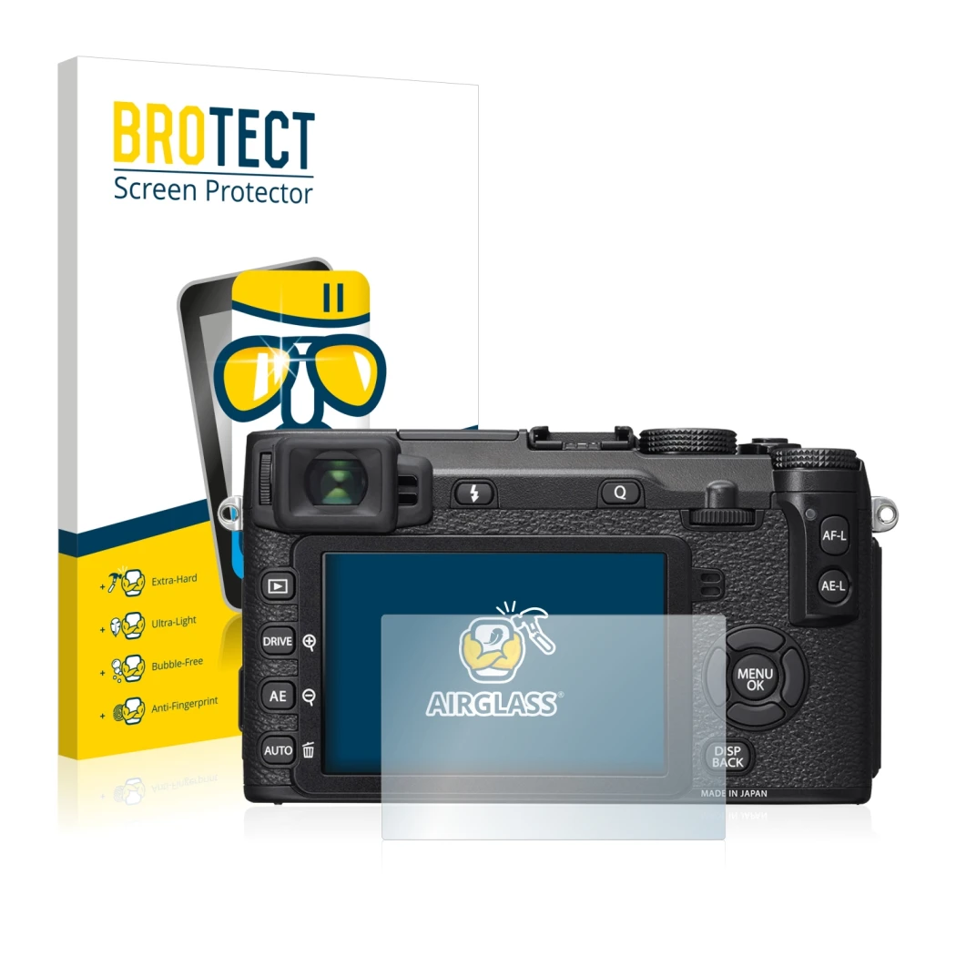 Face avant d’un emballage produit avec le logo de la marque BROTECT. À côté, l’appareil Fujifilm X-E2S est représenté avec la
