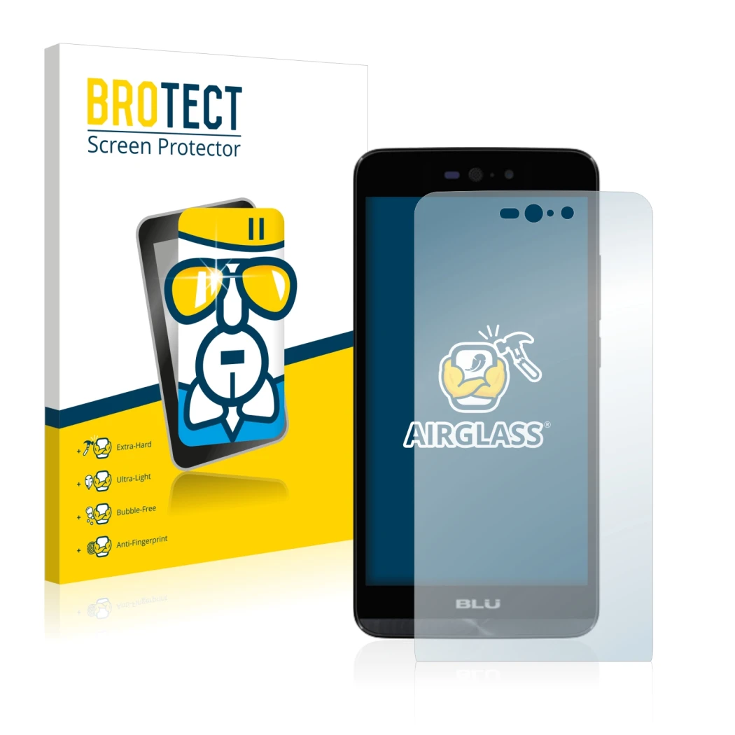 Face avant d’un emballage produit avec le logo de la marque BROTECT. À côté, l’appareil BLU Dash X LTE est représenté avec la
