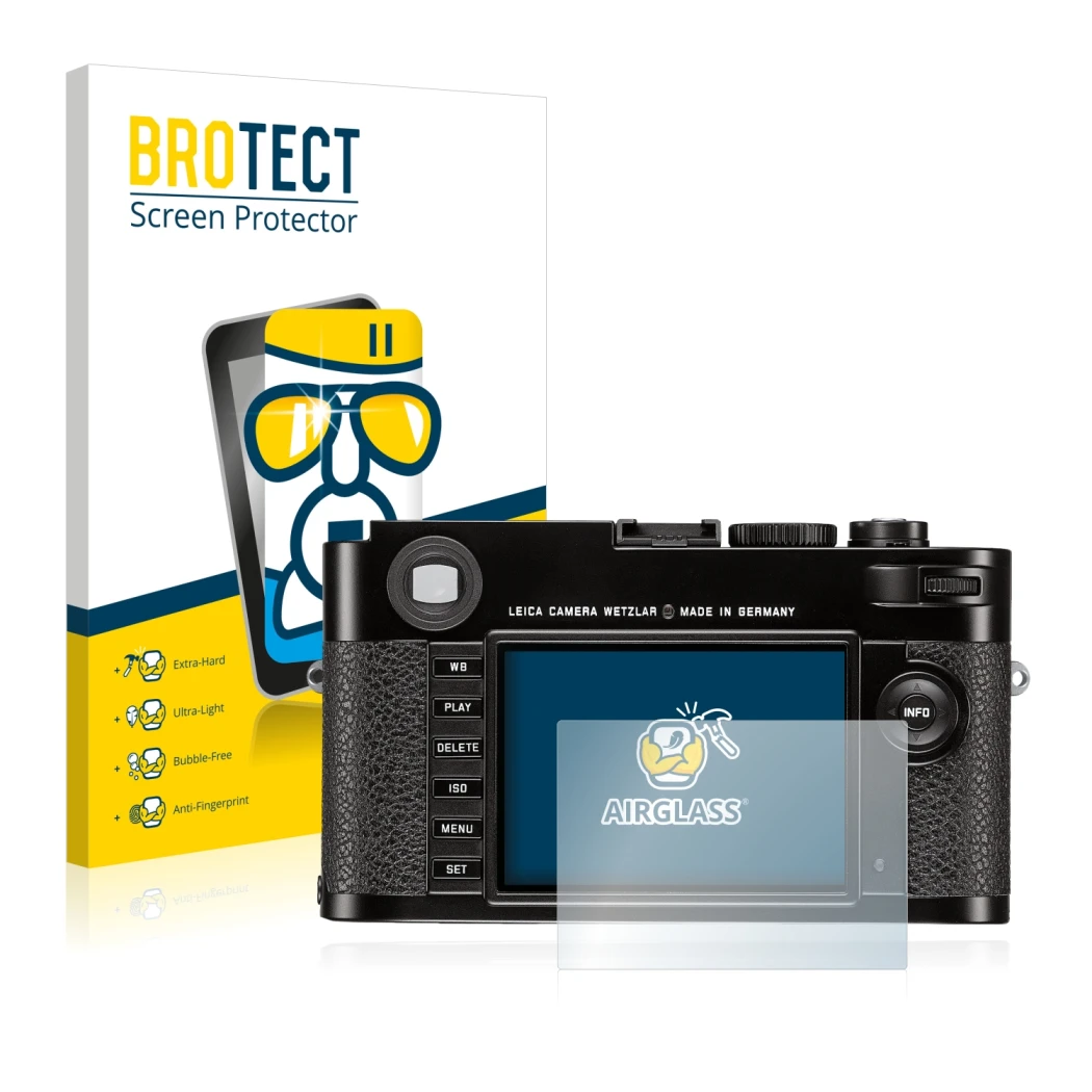 Face avant d’un emballage produit avec le logo de la marque BROTECT. À côté, l’appareil Leica M (Typ 262) est représenté avec 