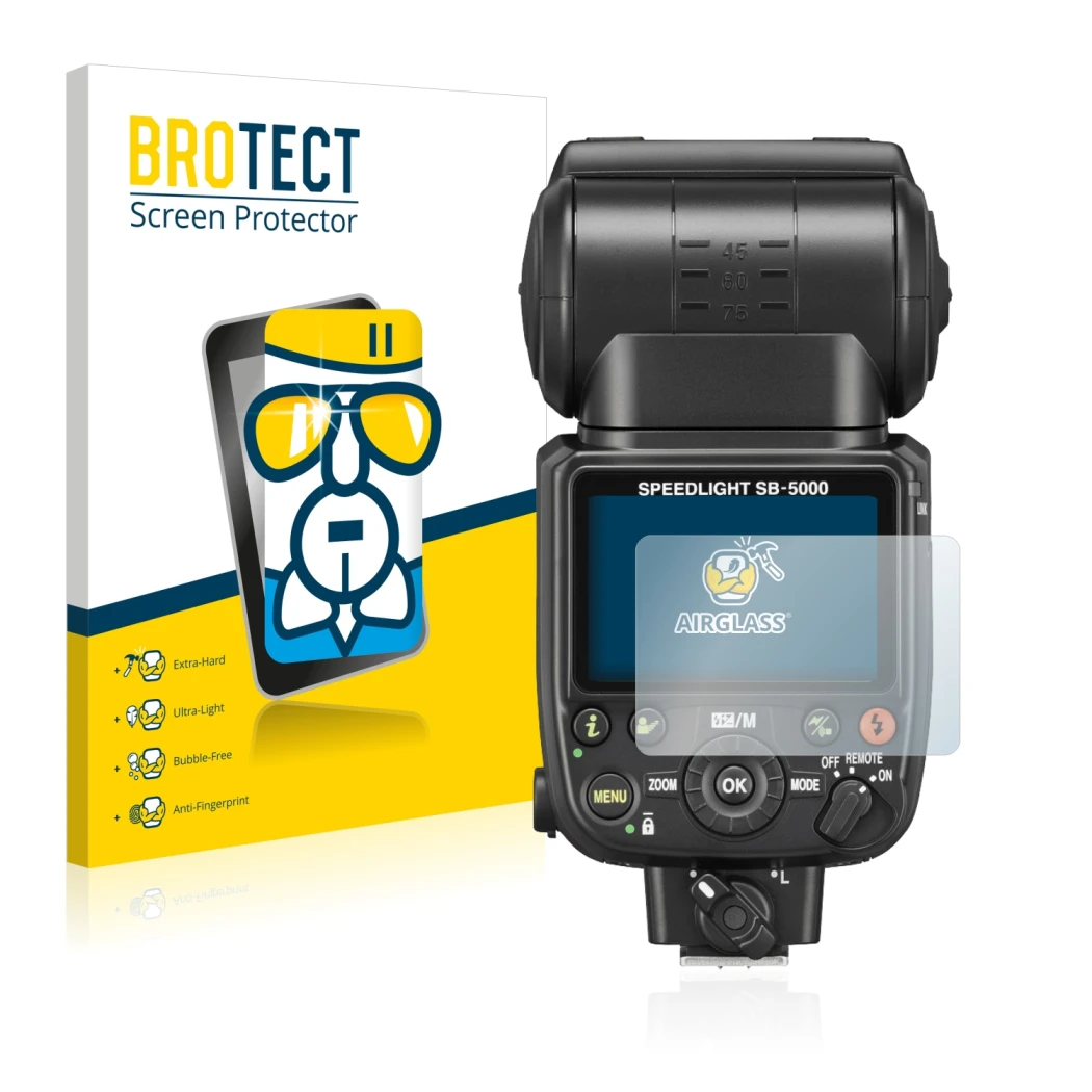 Face avant d’un emballage produit avec le logo de la marque BROTECT. À côté, l’appareil Nikon SB-5000 est représenté avec la p