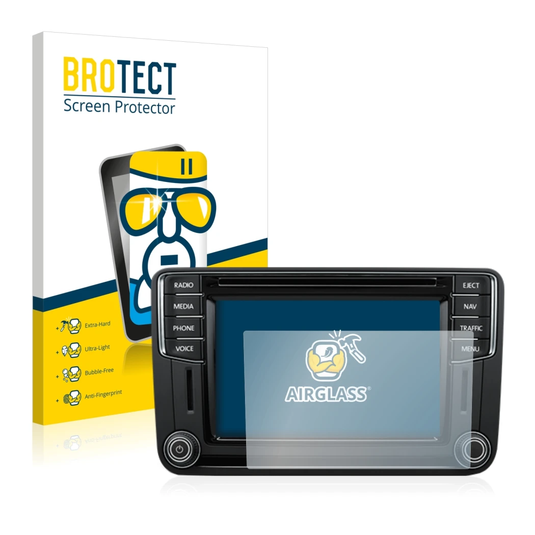 Face avant d’un emballage produit avec le logo de la marque BROTECT. À côté, l’appareil Volkswagen T6 2016 Discover Media Plus