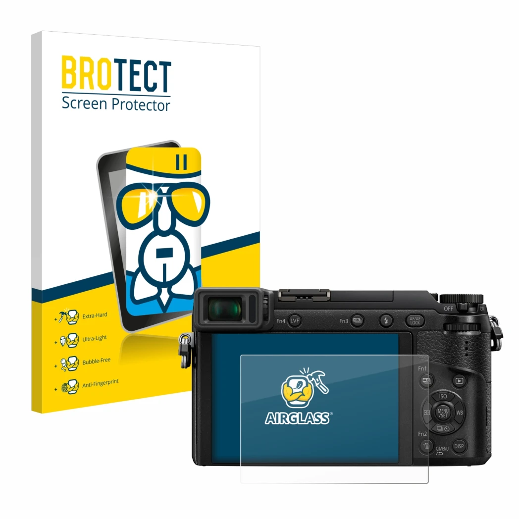 Face avant d’un emballage produit avec le logo de la marque BROTECT. À côté, l’appareil Panasonic Lumix DMC-GX80 est représent
