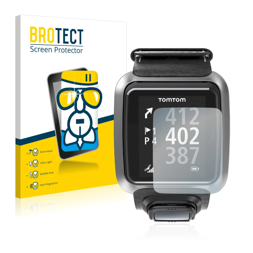 Face avant d’un emballage produit avec le logo de la marque BROTECT. À côté, l’appareil TomTom Golfer 2 est représenté avec la