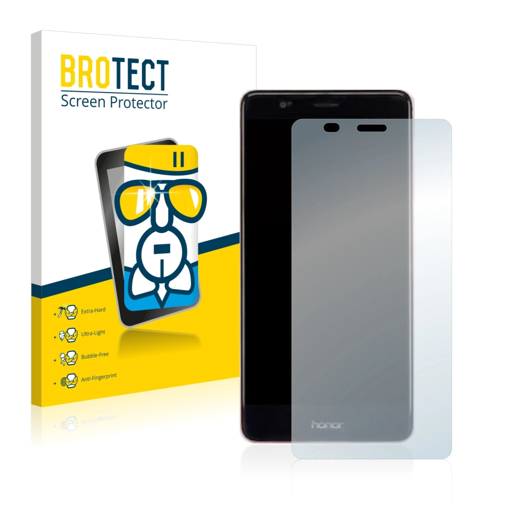 Face avant d’un emballage produit avec le logo de la marque BROTECT. À côté, l’appareil Honor V8 est représenté avec la protec