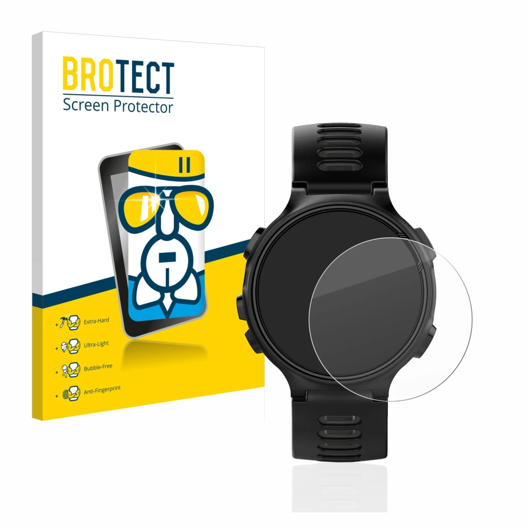 Face avant d’un emballage produit avec le logo de la marque BROTECT. À côté, l’appareil Garmin Forerunner 735XT est représenté