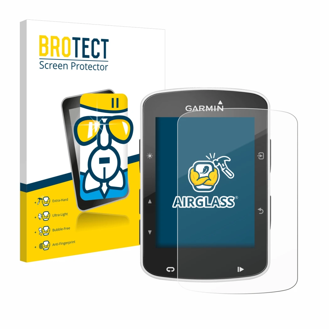 Face avant d’un emballage produit avec le logo de la marque BROTECT. À côté, l’appareil Garmin Edge 820 est représenté avec la