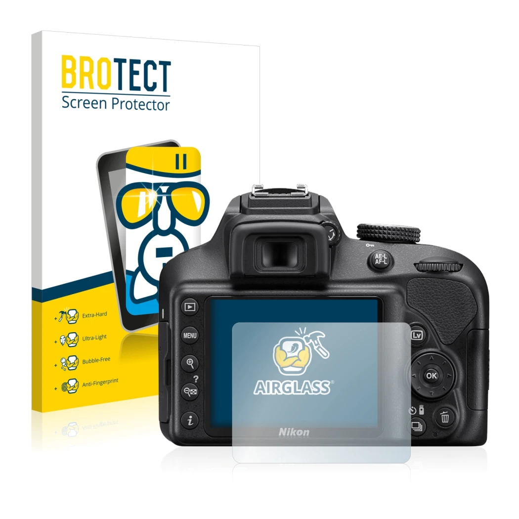 Face avant d’un emballage produit avec le logo de la marque BROTECT. À côté, l’appareil Nikon D3400 est représenté avec la pro