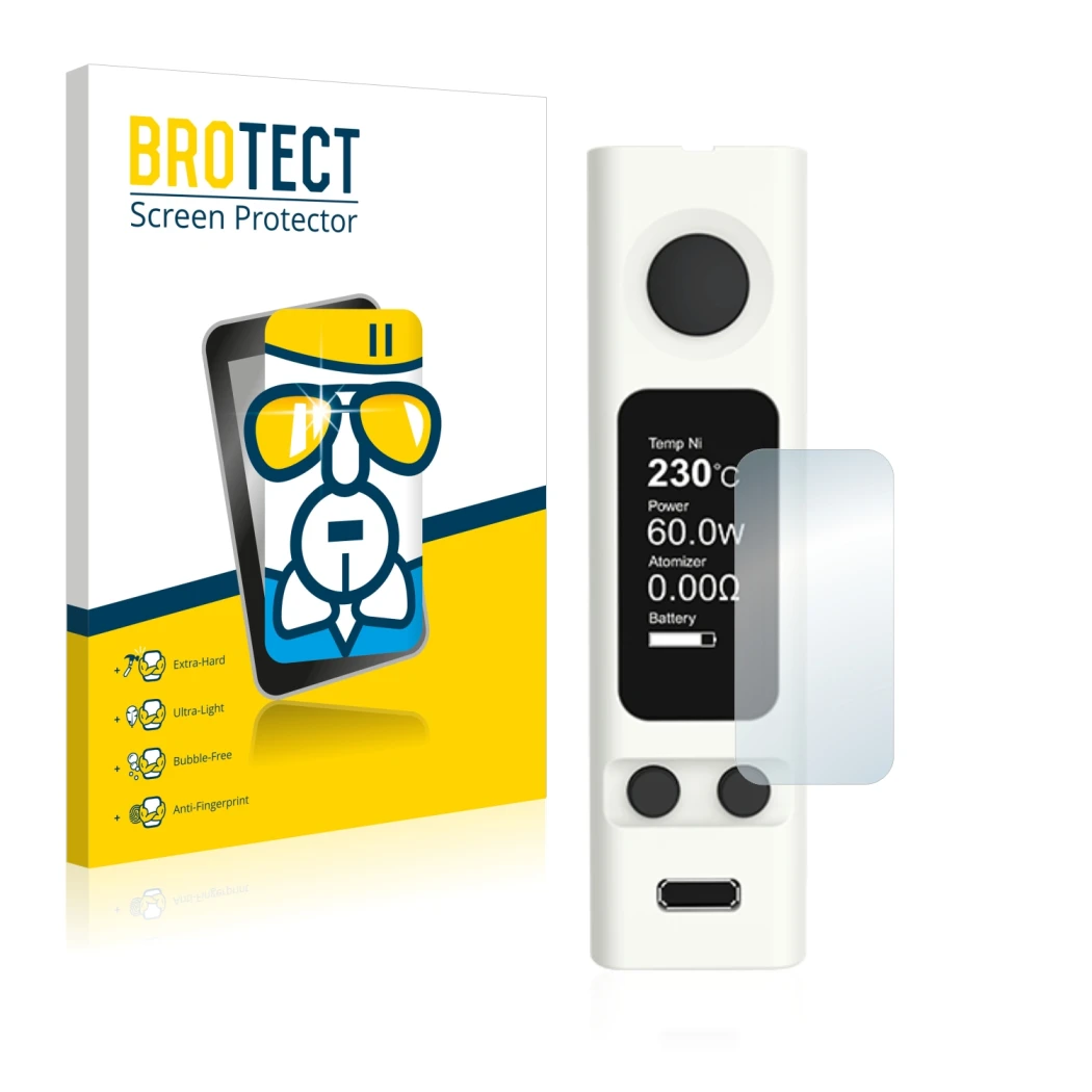 Face avant d’un emballage produit avec le logo de la marque BROTECT. À côté, l’appareil Joyetech eVic VTwo Mini est représenté