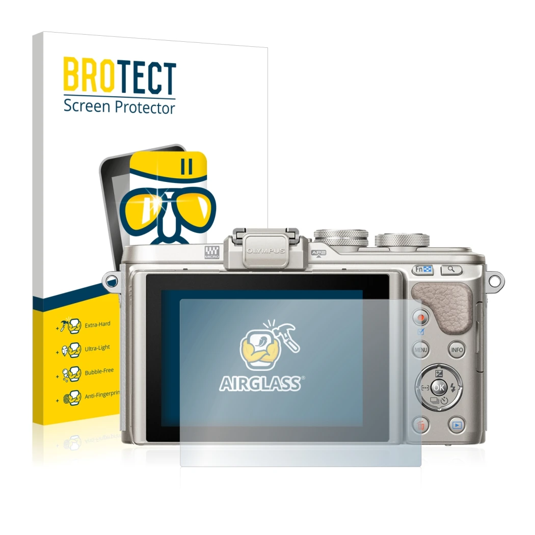 Face avant d’un emballage produit avec le logo de la marque BROTECT. À côté, l’appareil Olympus PEN E-PL8 est représenté avec 