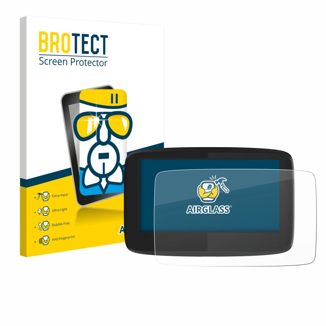 Face avant d’un emballage produit avec le logo de la marque BROTECT. À côté, l’appareil TomTom GO 620 est représenté avec la p
