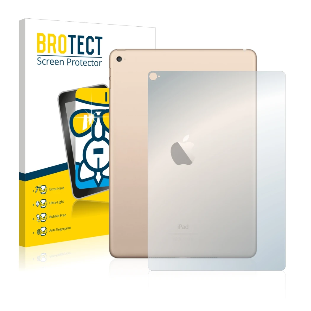 Face avant d’un emballage produit avec le logo de la marque BROTECT. À côté, l’appareil Apple iPad Air 2 2014 (Arrière) est re