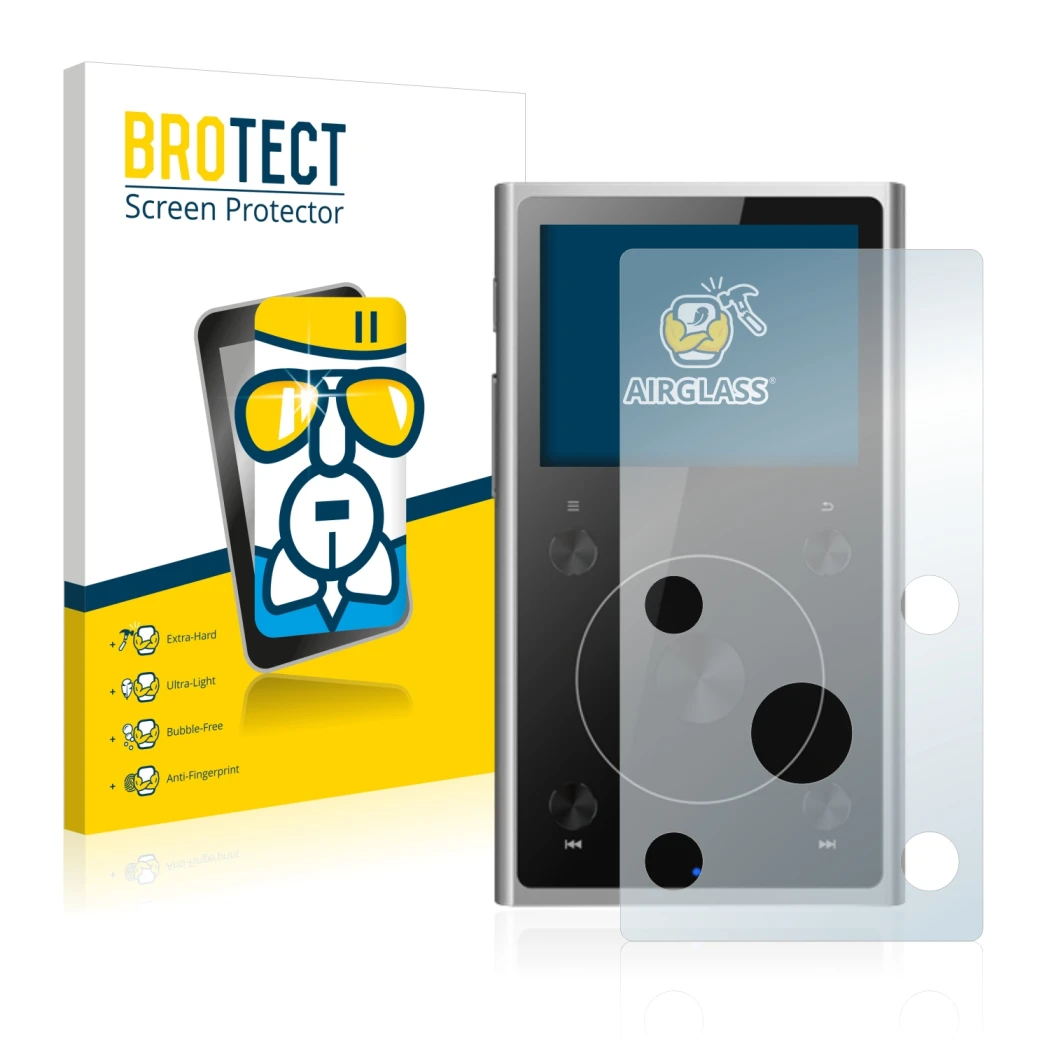 Face avant d’un emballage produit avec le logo de la marque BROTECT. À côté, l’appareil FiiO X1 II est représenté avec la prot