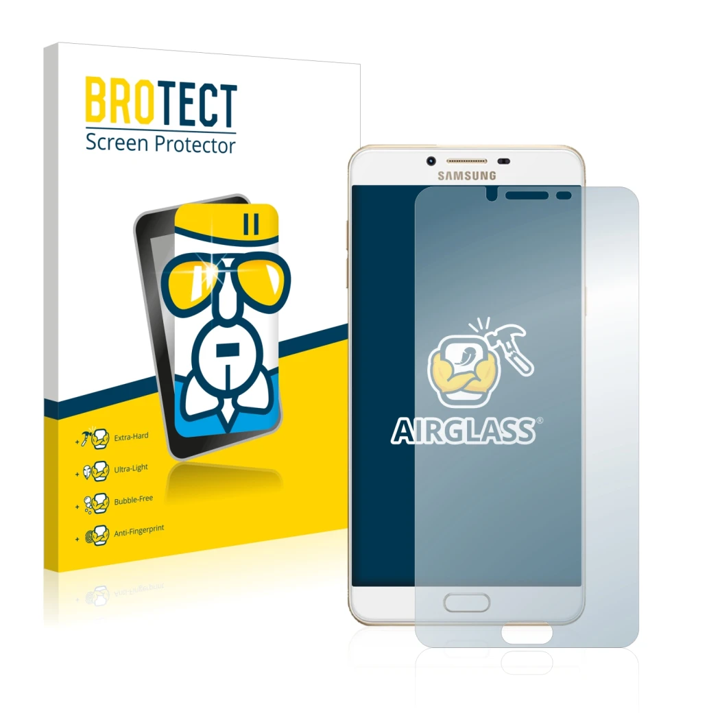 Face avant d’un emballage produit avec le logo de la marque BROTECT. À côté, l’appareil Samsung Galaxy C9 Pro est représenté a