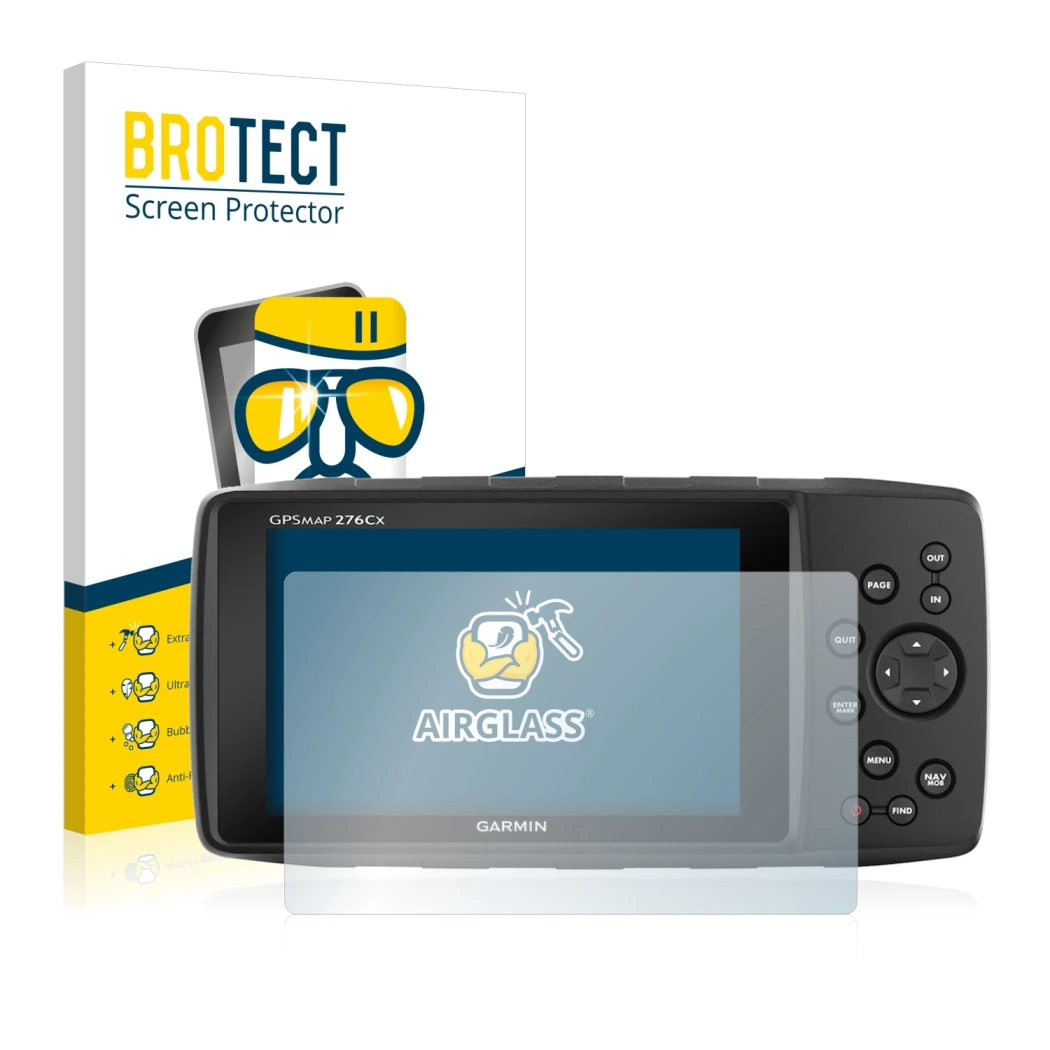 Face avant d’un emballage produit avec le logo de la marque BROTECT. À côté, l’appareil Garmin 276Cx est représenté avec la pr