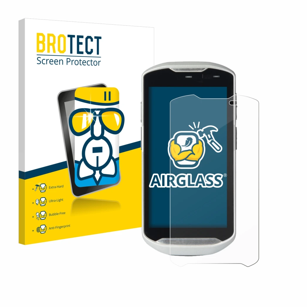 Face avant d’un emballage produit avec le logo de la marque BROTECT. À côté, l’appareil Zebra TC51 est représenté avec la prot