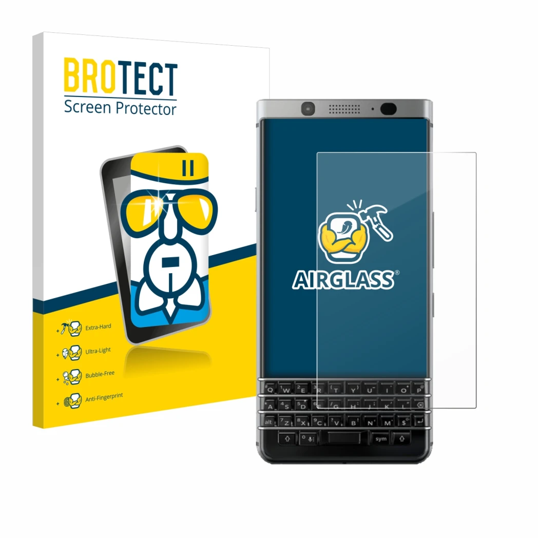 Face avant d’un emballage produit avec le logo de la marque BROTECT. À côté, l’appareil BlackBerry Keyone est représenté avec 