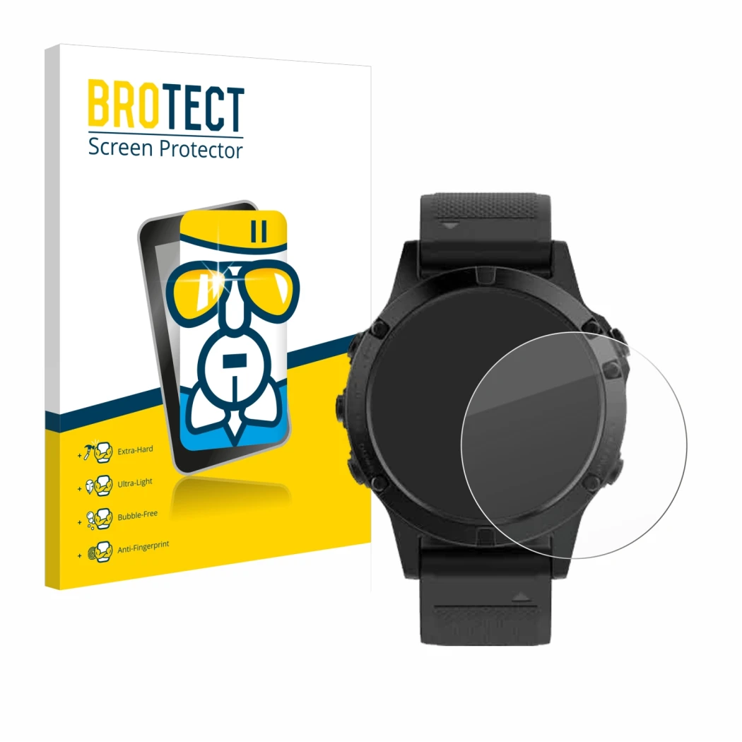 Face avant d’un emballage produit avec le logo de la marque BROTECT. À côté, l’appareil Garmin Fenix 5 (47 mm) est représenté 