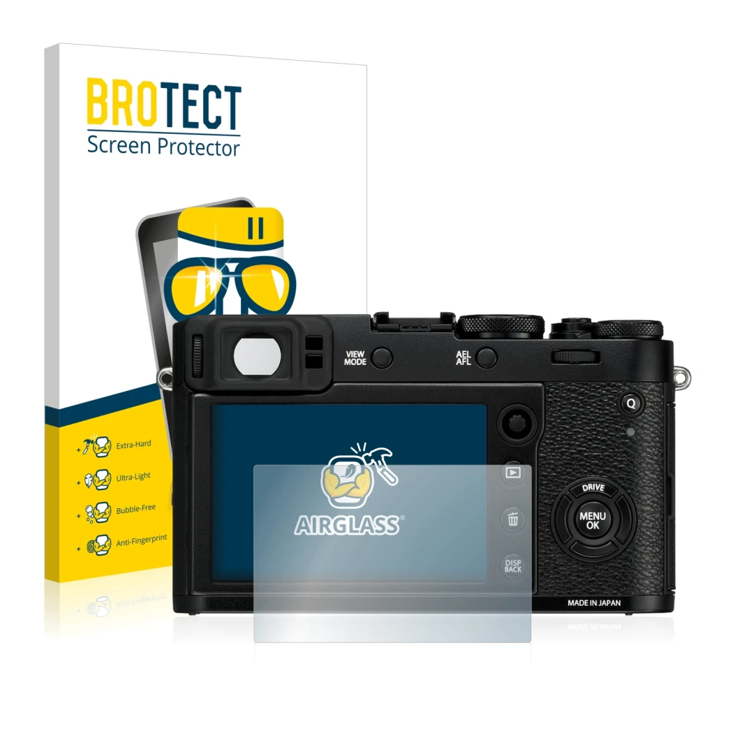 Face avant d’un emballage produit avec le logo de la marque BROTECT. À côté, l’appareil Fujifilm X100F est représenté avec la 