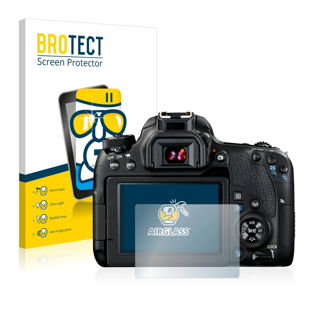 Face avant d’un emballage produit avec le logo de la marque BROTECT. À côté, l’appareil Canon EOS 77D est représenté avec la p