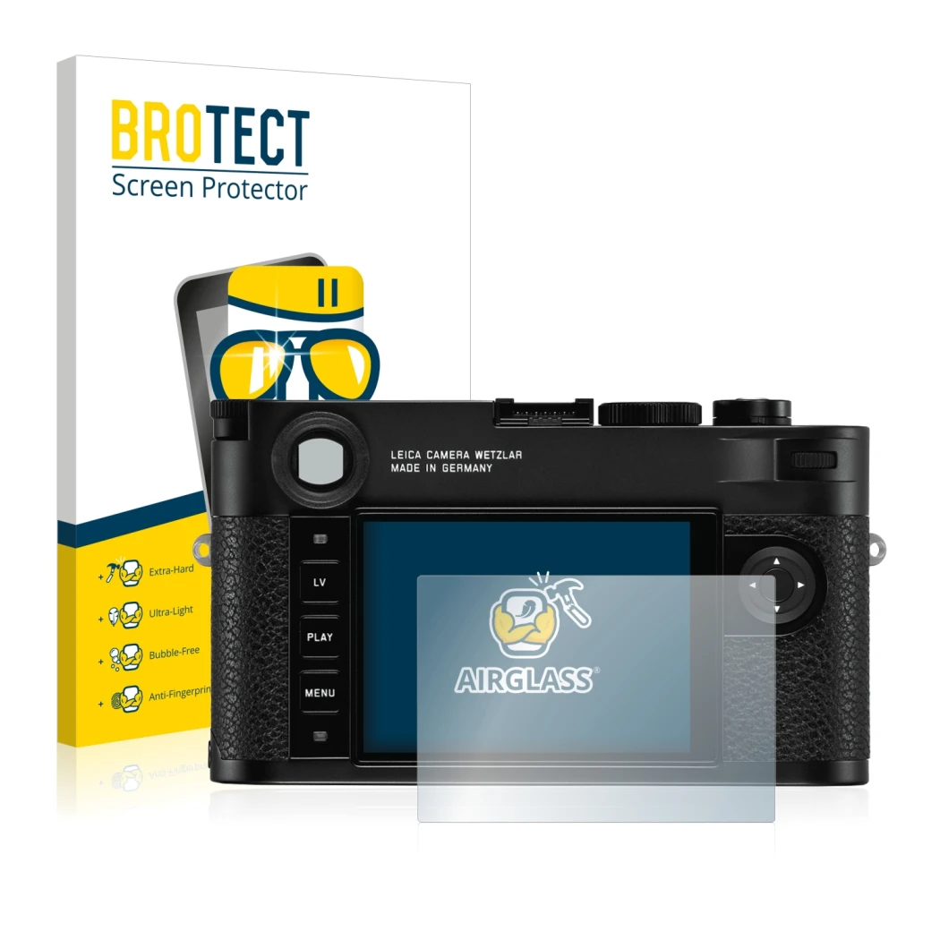 Face avant d’un emballage produit avec le logo de la marque BROTECT. À côté, l’appareil Leica M10 est représenté avec la prote