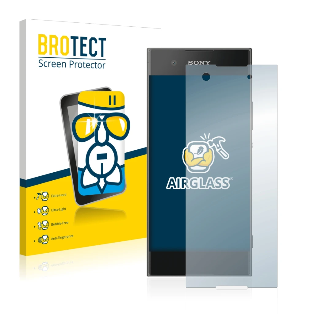Face avant d’un emballage produit avec le logo de la marque BROTECT. À côté, l’appareil Sony Xperia XA1 est représenté avec la