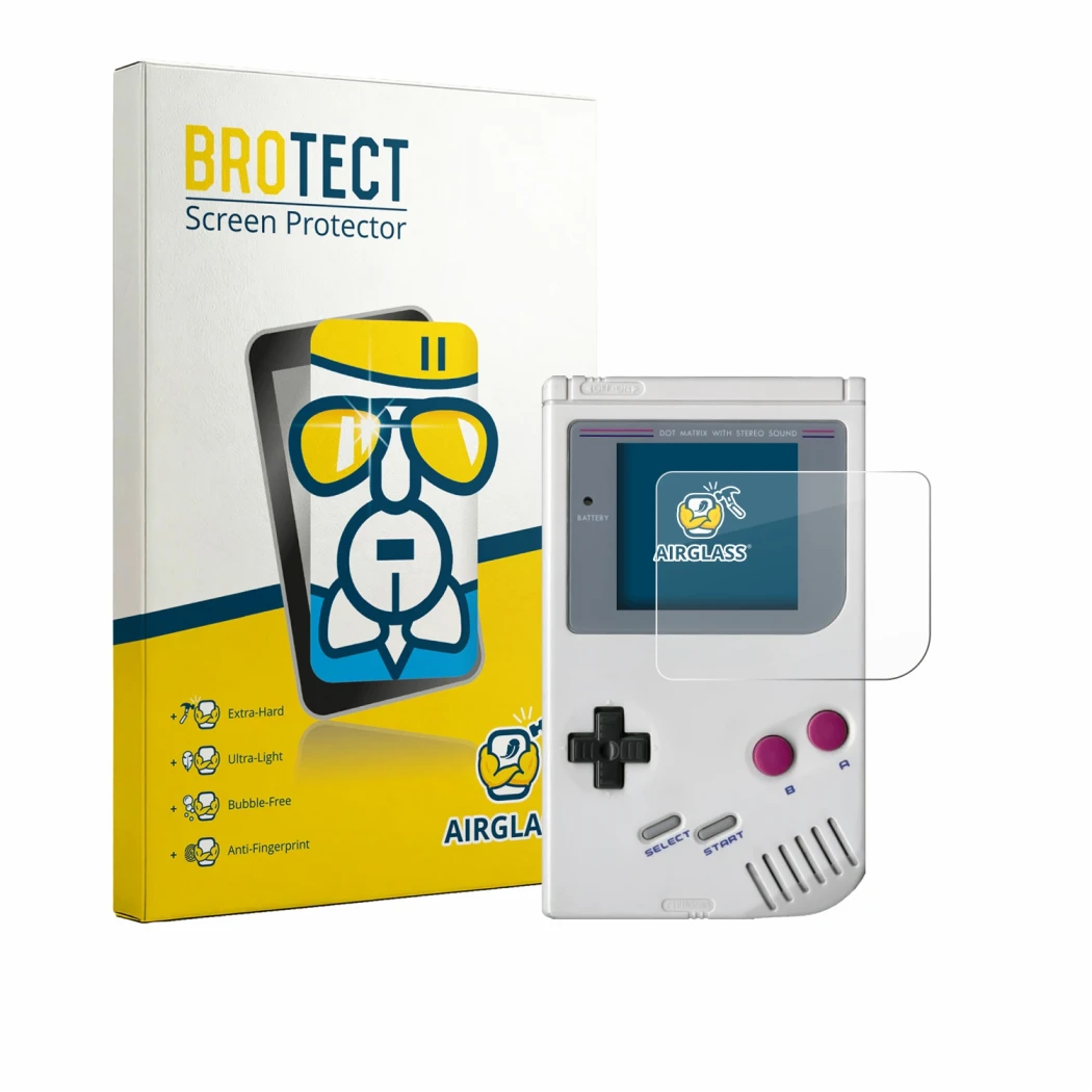 Face avant d’un emballage produit avec le logo de la marque BROTECT. À côté, l’appareil Nintendo Gameboy (1989) est représenté