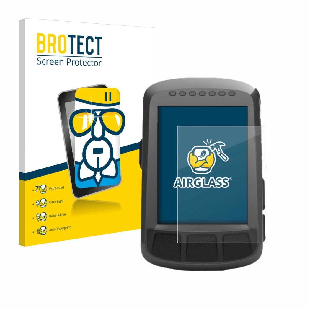 Face avant d’un emballage produit avec le logo de la marque BROTECT. À côté, l’appareil Wahoo Elemnt Bolt GPS est représenté a