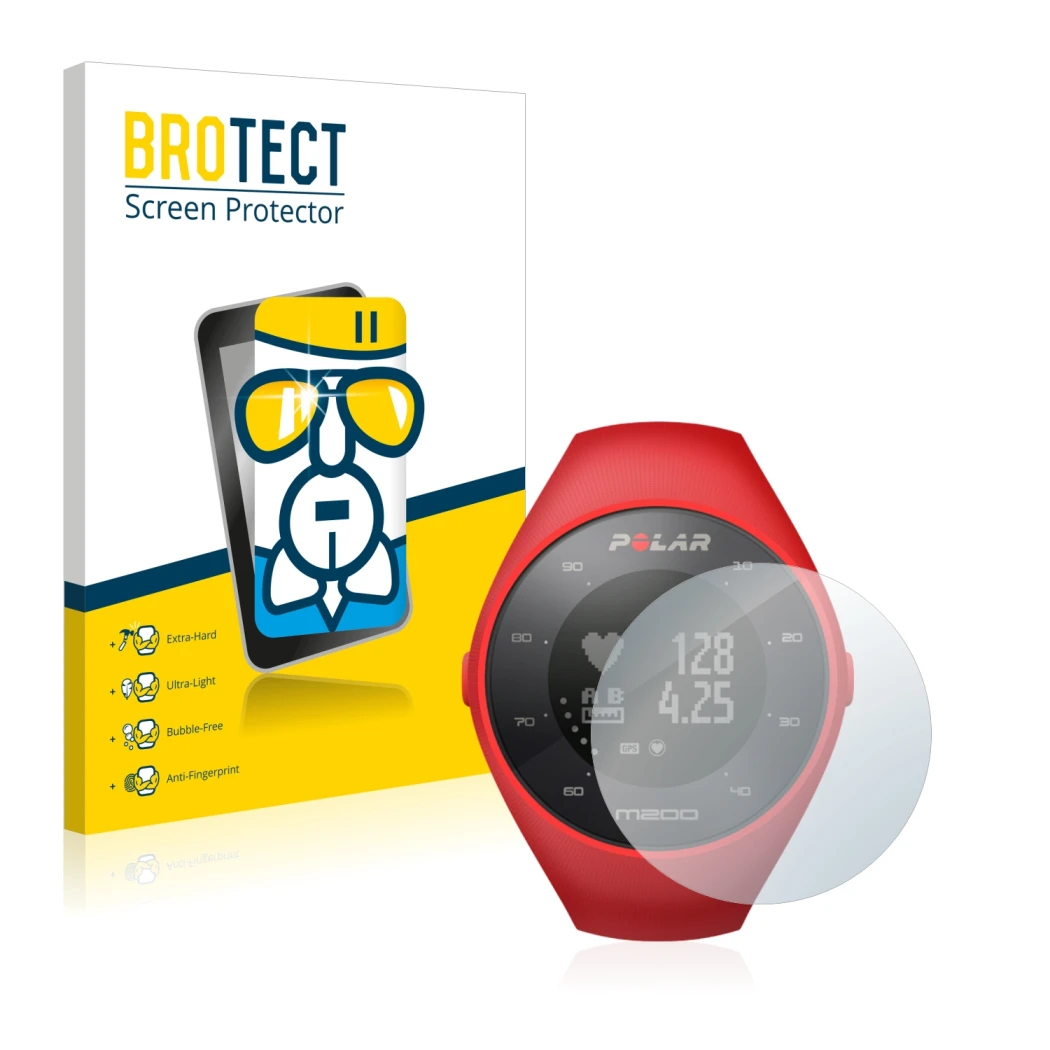 Face avant d’un emballage produit avec le logo de la marque BROTECT. À côté, l’appareil Polar M200 est représenté avec la prot