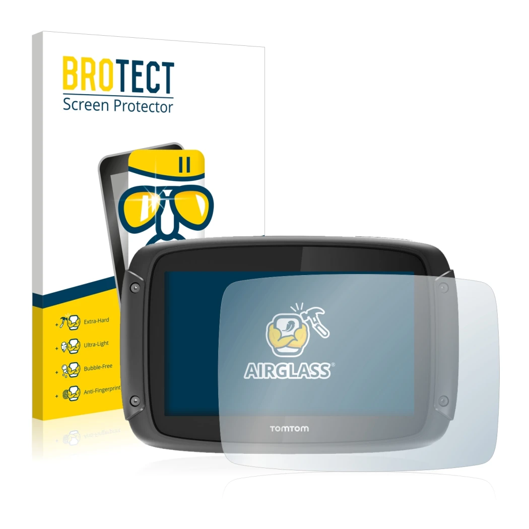 Face avant d’un emballage produit avec le logo de la marque BROTECT. À côté, l’appareil TomTom Rider 450 est représenté avec l