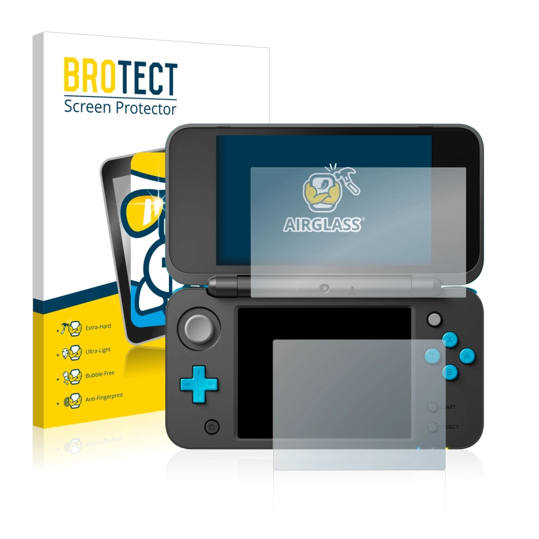 Face avant d’un emballage produit avec le logo de la marque BROTECT. À côté, l’appareil Nintendo 2DS XL est représenté avec la