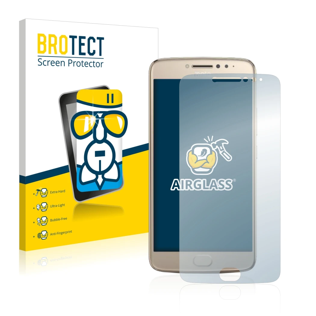 Face avant d’un emballage produit avec le logo de la marque BROTECT. À côté, l’appareil Motorola Moto E4 Plus est représenté a
