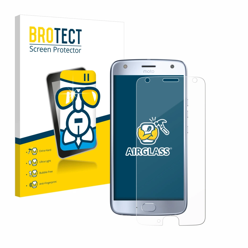 Face avant d’un emballage produit avec le logo de la marque BROTECT. À côté, l’appareil Motorola Moto X4 est représenté avec l