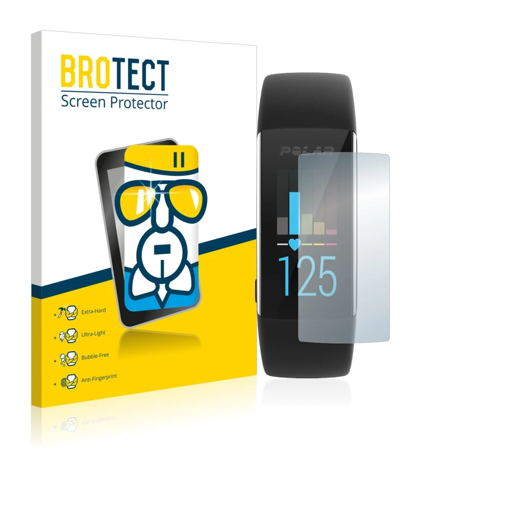 Face avant d’un emballage produit avec le logo de la marque BROTECT. À côté, l’appareil Polar A370 est représenté avec la prot