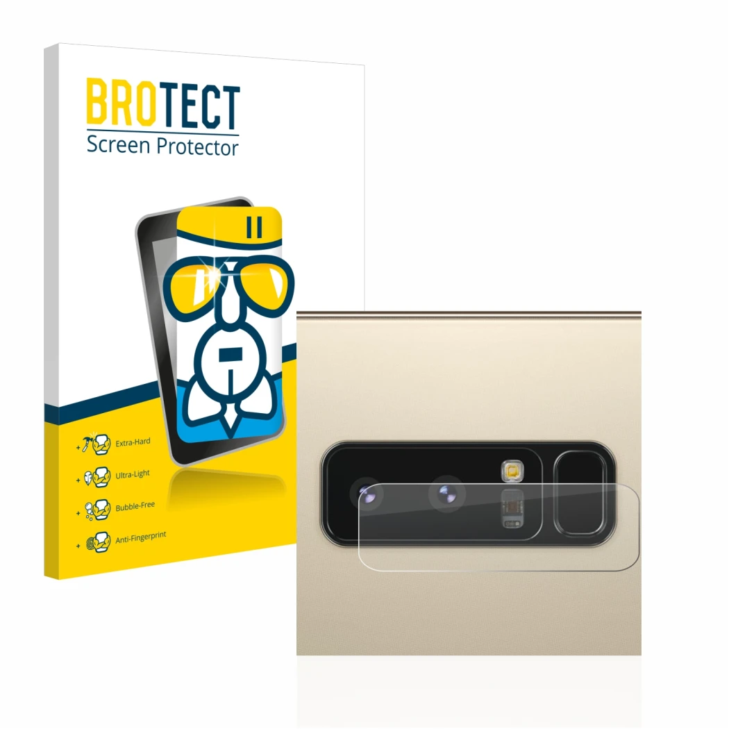Face avant d’un emballage produit avec le logo de la marque BROTECT. À côté, l’appareil Samsung Galaxy Note 8 (Caméra UNIQUEME