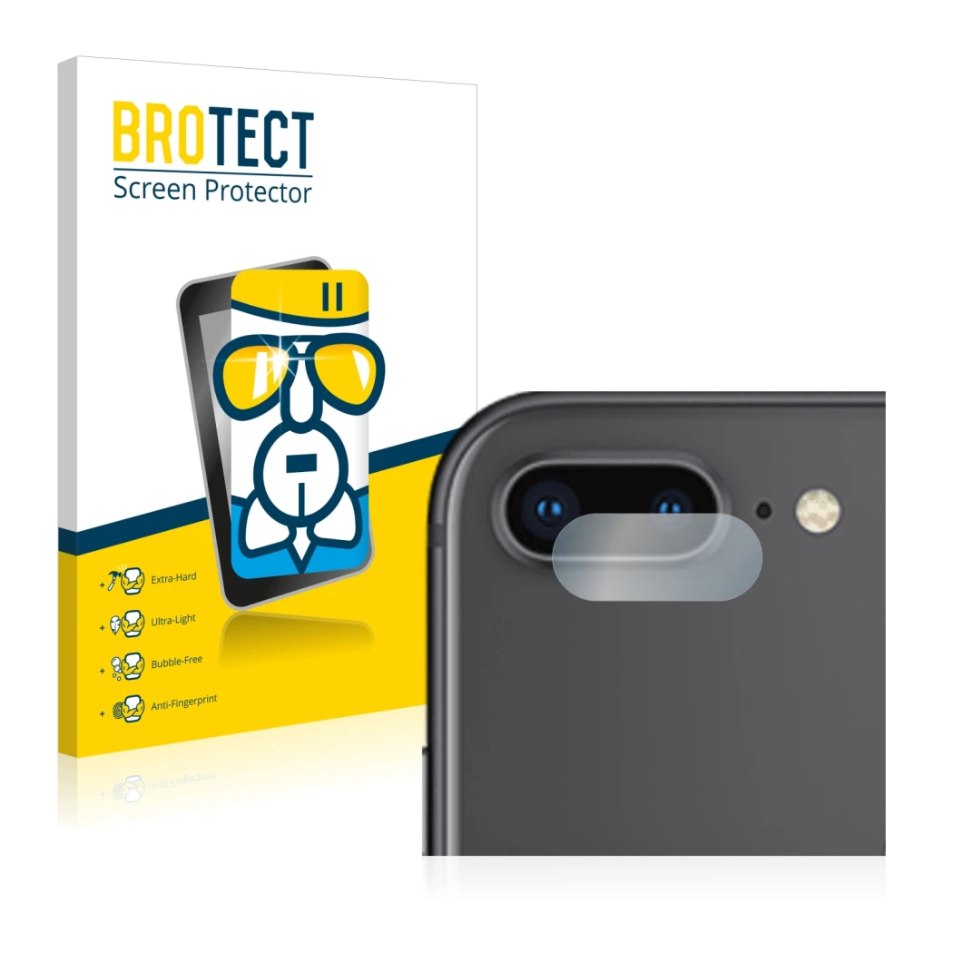 Face avant d’un emballage produit avec le logo de la marque BROTECT. À côté, l’appareil Apple iPhone 8 Plus (Caméra UNIQUEMENT