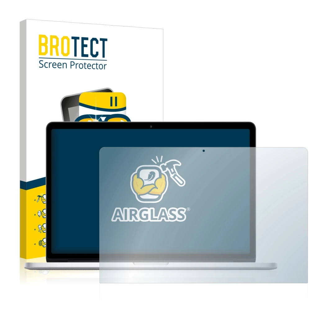 Face avant d’un emballage produit avec le logo de la marque BROTECT. À côté, l’appareil Apple MacBook Pro 15