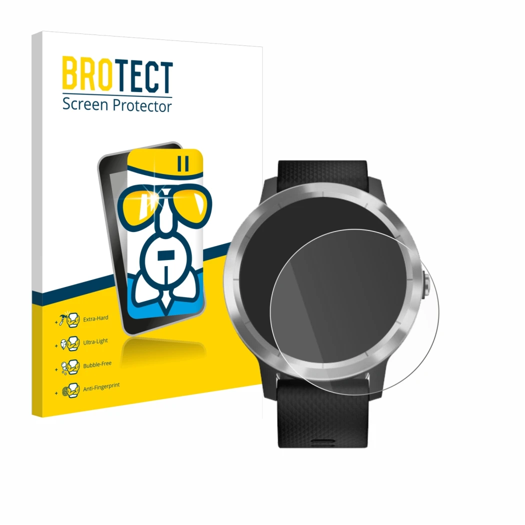 Face avant d’un emballage produit avec le logo de la marque BROTECT. À côté, l’appareil Garmin vivoactive 3 est représenté ave
