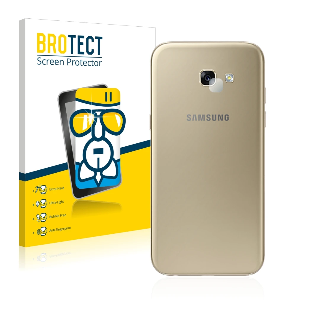 Face avant d’un emballage produit avec le logo de la marque BROTECT. À côté, l’appareil Samsung Galaxy A5 2017 (Caméra UNIQUEM