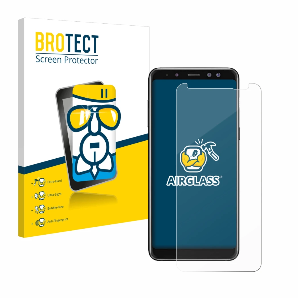 Face avant d’un emballage produit avec le logo de la marque BROTECT. À côté, l’appareil Samsung Galaxy A8 2018 est représenté 