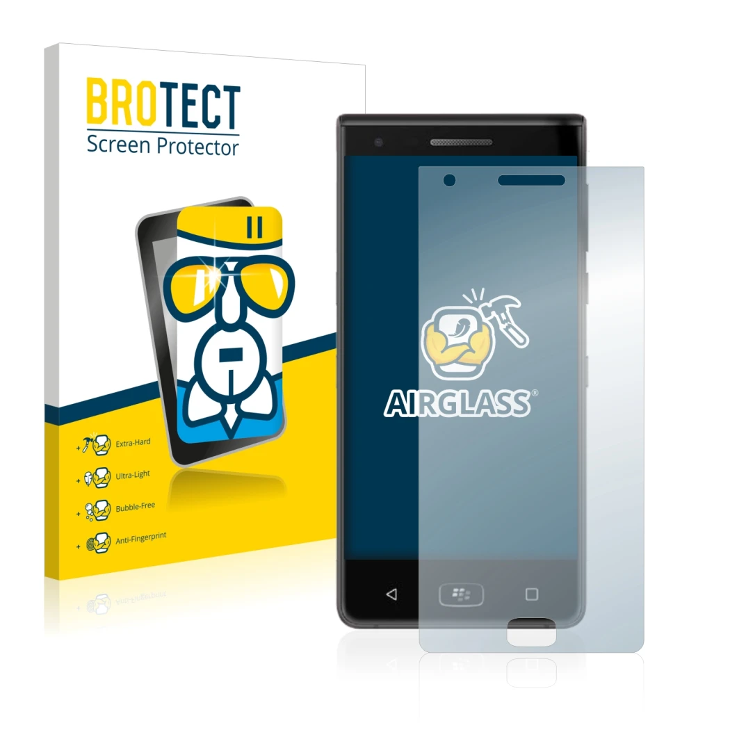 Face avant d’un emballage produit avec le logo de la marque BROTECT. À côté, l’appareil BlackBerry Motion 2017 est représenté