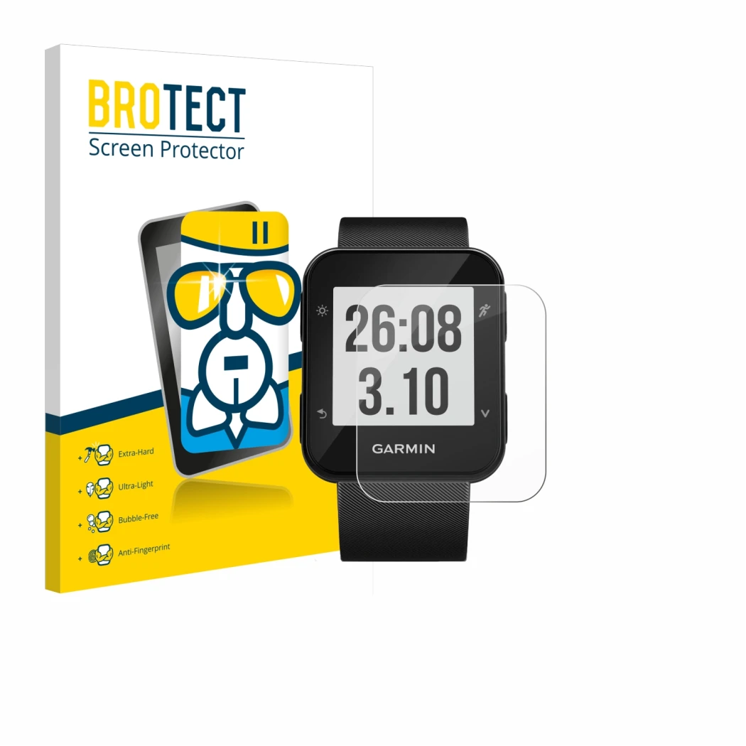 Face avant d’un emballage produit avec le logo de la marque BROTECT. À côté, l’appareil Garmin Forerunner 30 est représenté av