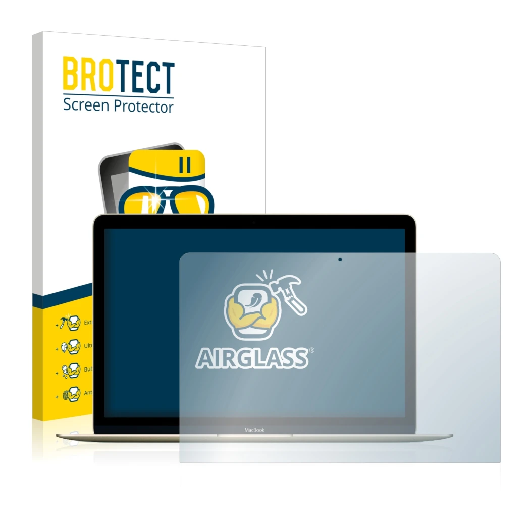 Face avant d’un emballage produit avec le logo de la marque BROTECT. À côté, l’appareil Apple MacBook Retina 12