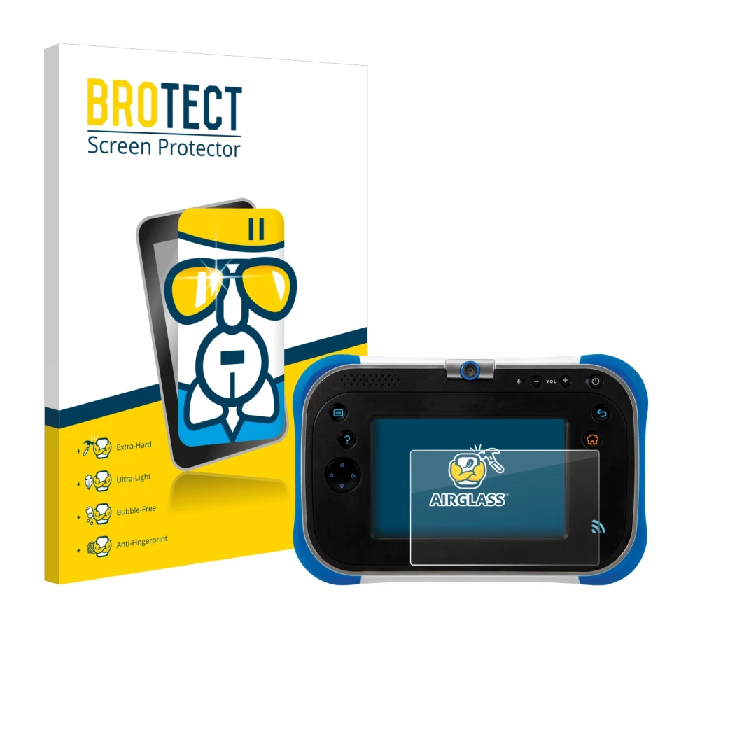 Face avant d’un emballage produit avec le logo de la marque BROTECT. À côté, l’appareil Vtech Storio Max 2.0 est représenté av