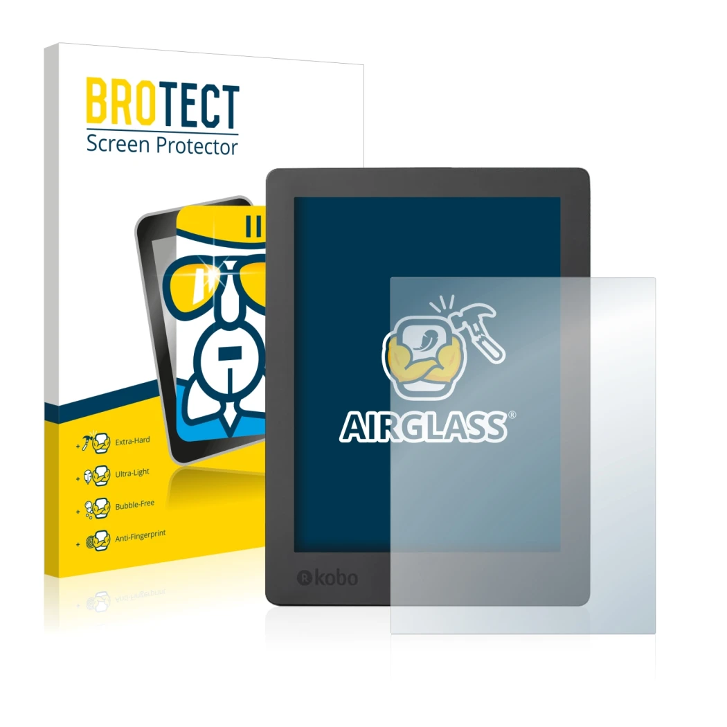 Face avant d’un emballage produit avec le logo de la marque BROTECT. À côté, l’appareil Kobo Aura H2O Edition 2 est représenté